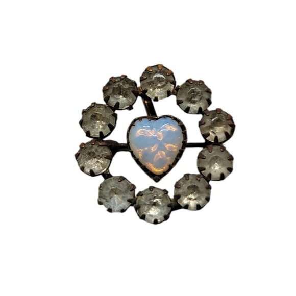 Victorian Era Brooch Pendant Paste Glass Prong Set Opalite Heart Late 1800s - Picture 1 of 11